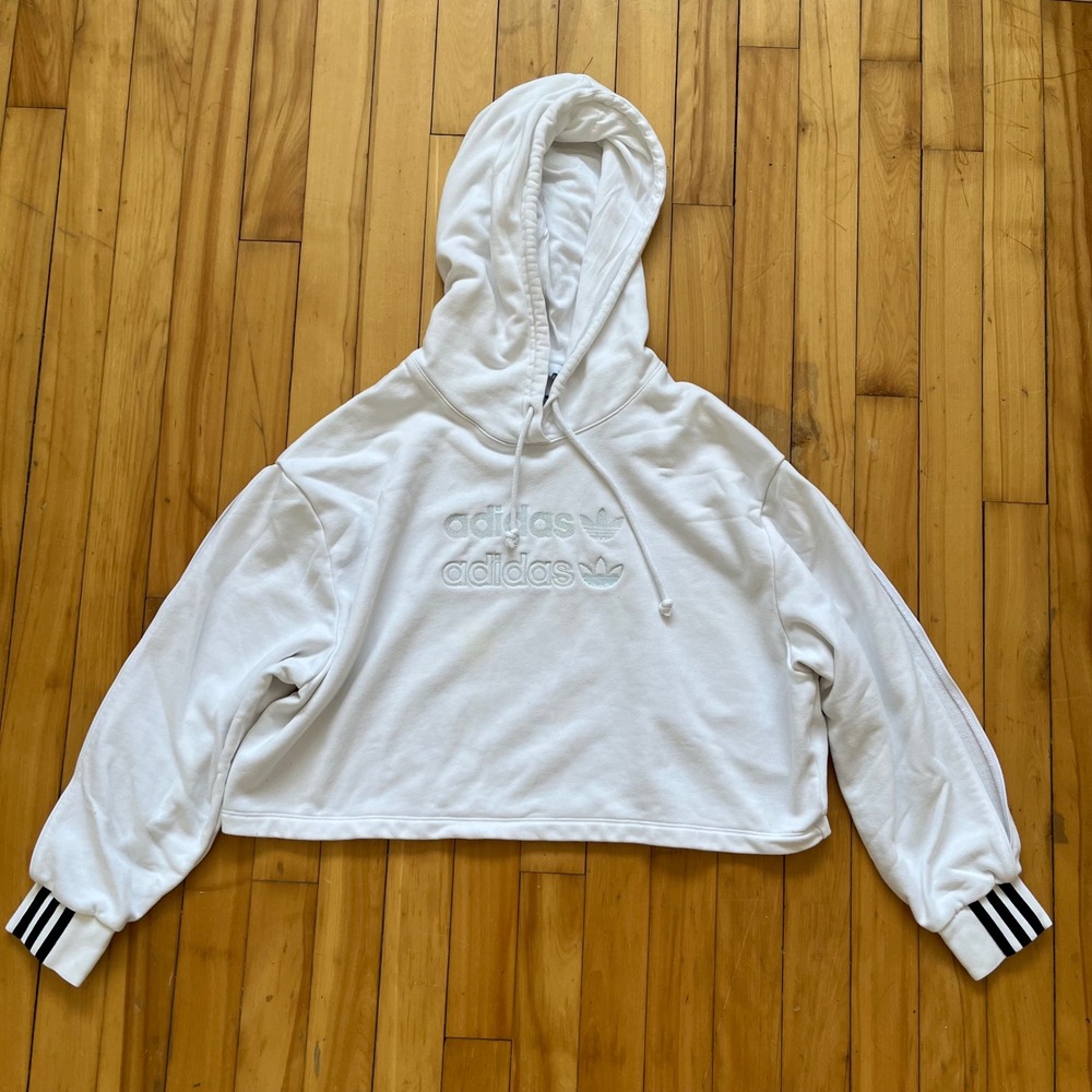 Adidas Originals Womens White Logo Slit Sleeves Cropped Hoodie Womens Medium